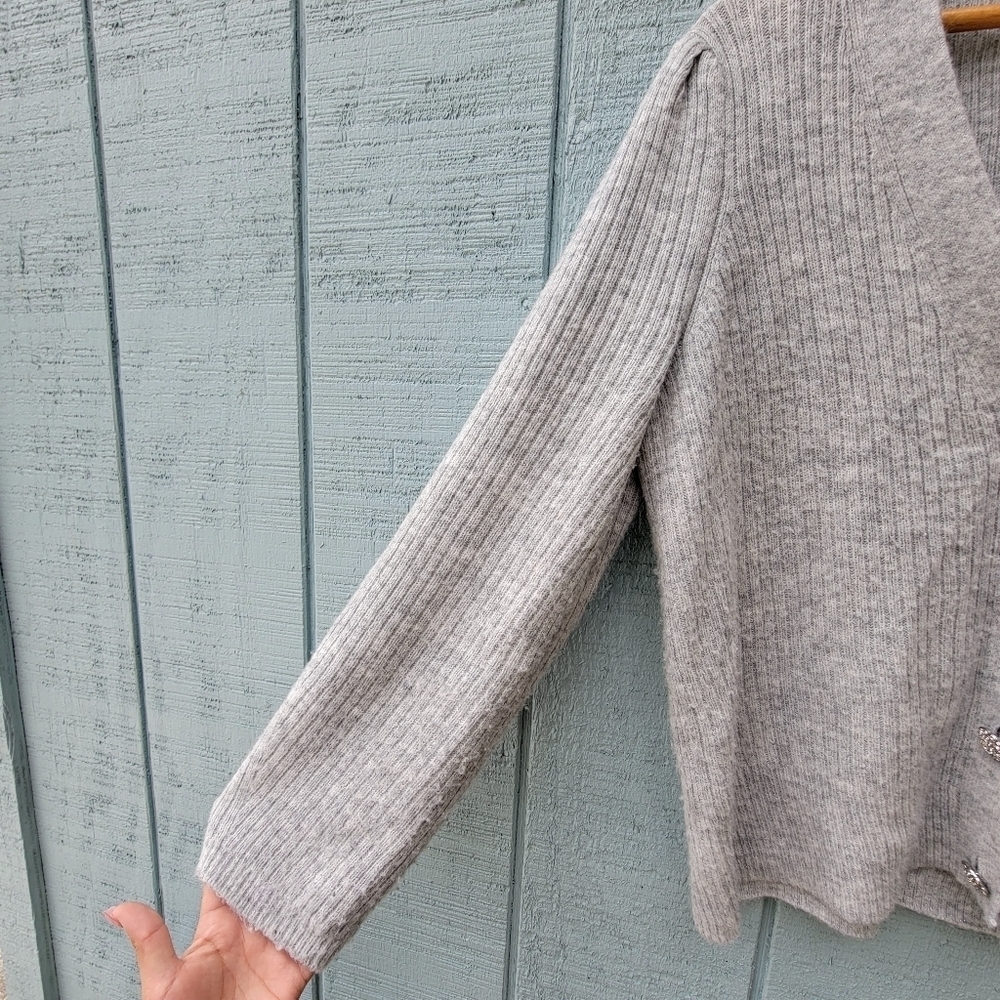 Talbots Ribbed Knit Metallic Rhinestone Button Cardigan size L Silver Gray - Picture 2 of 12